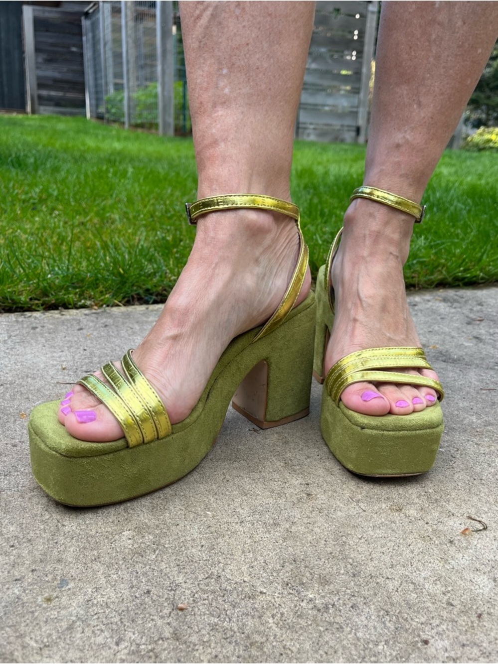 Platform Ankle Strap Heels in Olive Green with lime green metallic accents